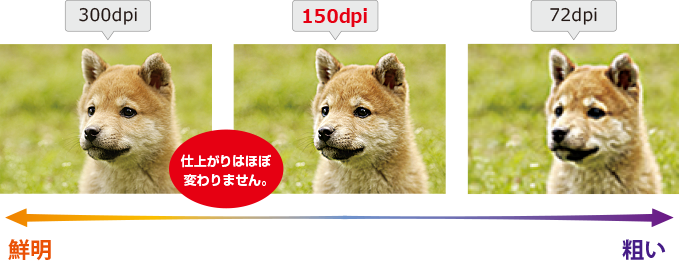 画像解像度300dpi、150dpi、72dpiの画像例