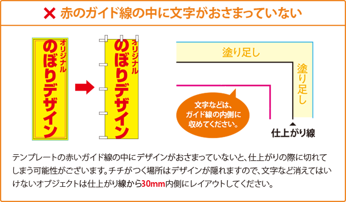 赤のガイド線の中に文字がおさまっていない例